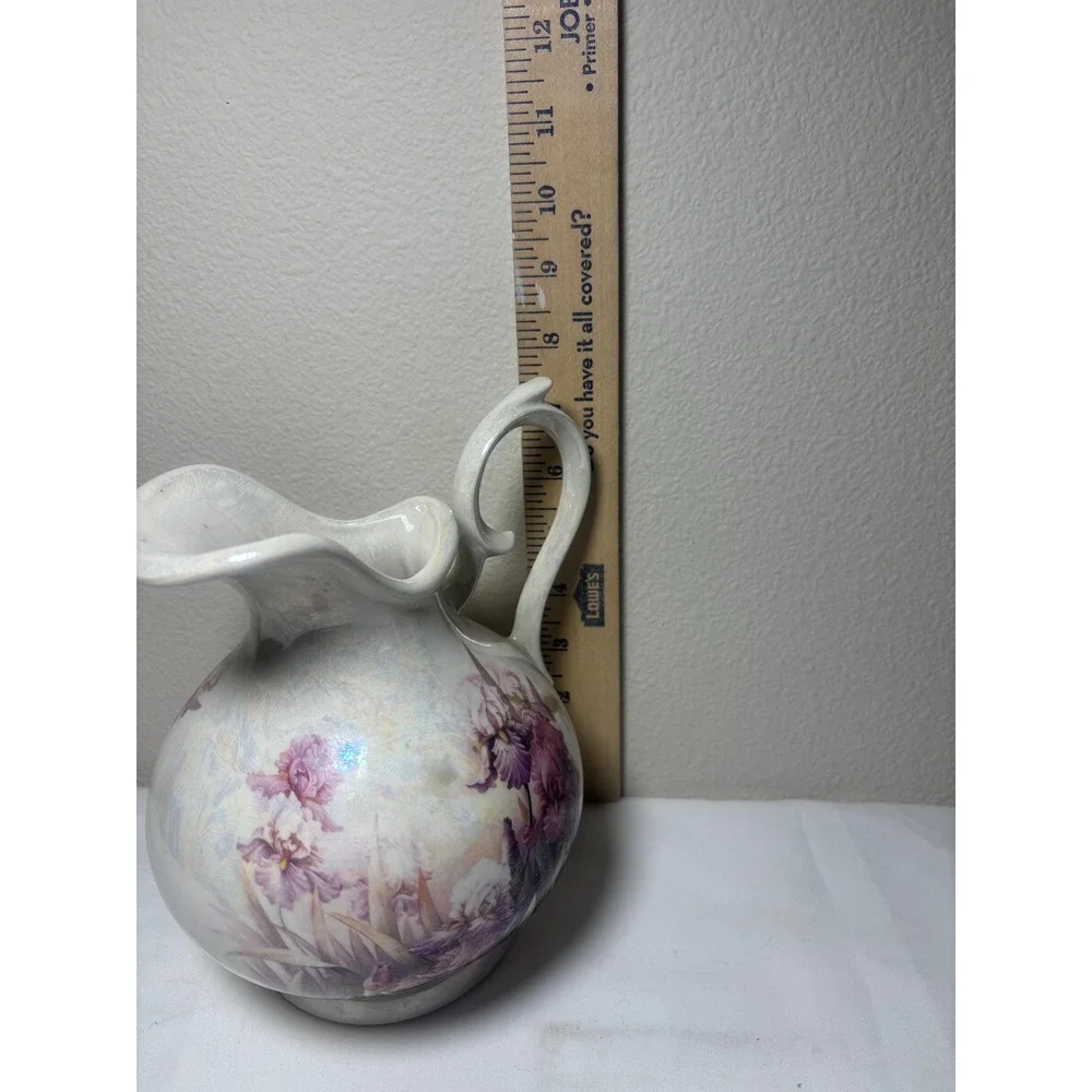 Vintage Arnels Ceramic Pitcher, Iris Floral Painting, Signed Collectible
